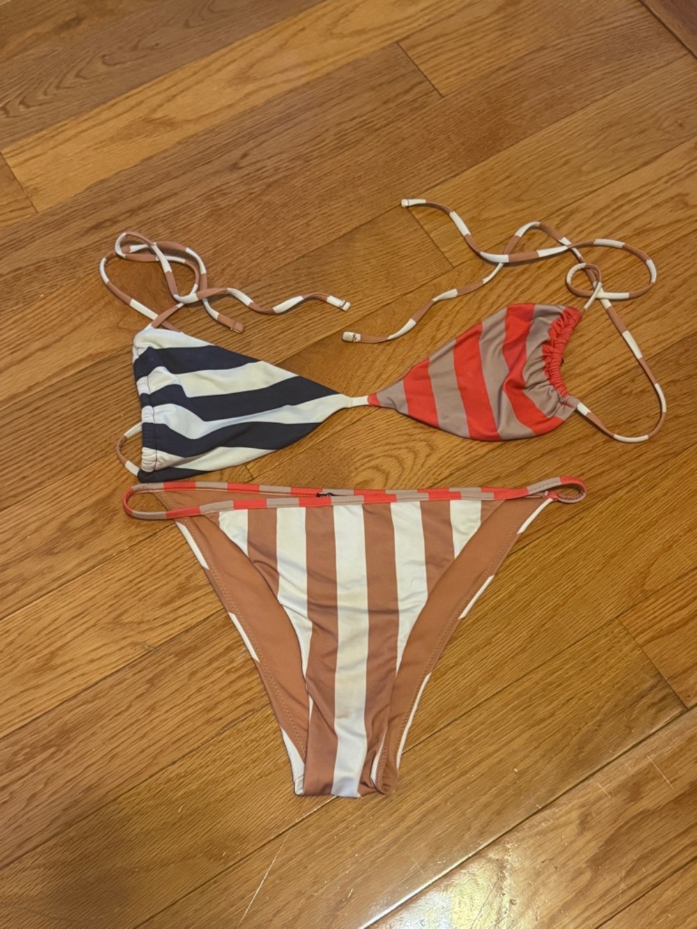 Zara Striped Triangle Bikini Set in Navy, Red, White & Tan